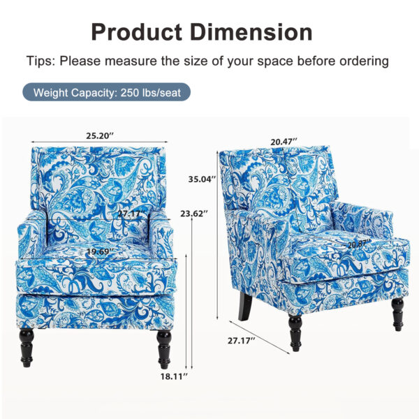 Mid-Century Accent Chair, Vintage Print Linen Wingback Armchair