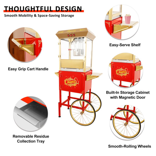 16oz Commercial Popcorn Machine with Cart, (Red)