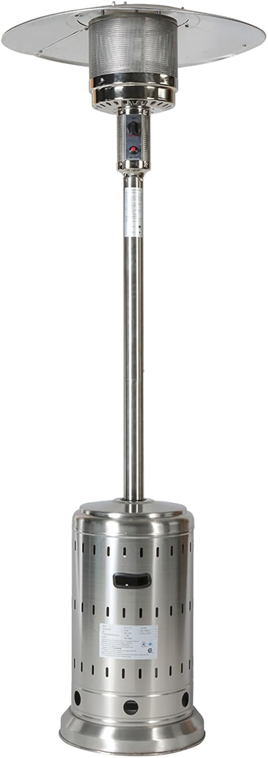 Patio Heater with Cover. 48.000 BTU Pyramid Flame Outdoor Heater. Propane. Detachable Wheels. Quartz Glass Tube for Patio. Garden. Courtyard. Park. Poolside (Silver)
