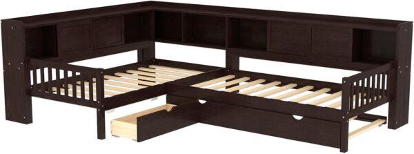Twin Size L-Shaped Platform Bed Frame with Trundle. Solid Wood Daybed with Drawers & Open Shelves. Twin Corner Bed for Kids Boys Girls. No Box Spring Needed (Espresso)