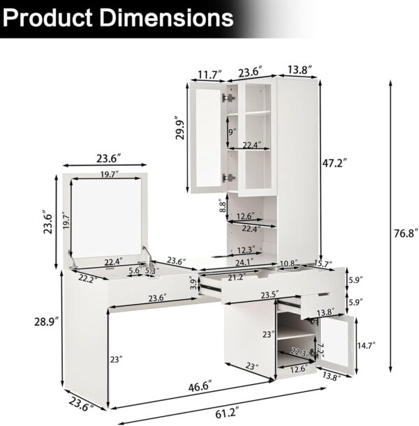 Large Versatile Makeup Vanity Desk with Mirror and Charging Station. Home Office Desk. Dressing Table with 8 Hidden Storage Compartments. Computer Desk with 3 Drawers. 2 Cabinets and Open Shelves