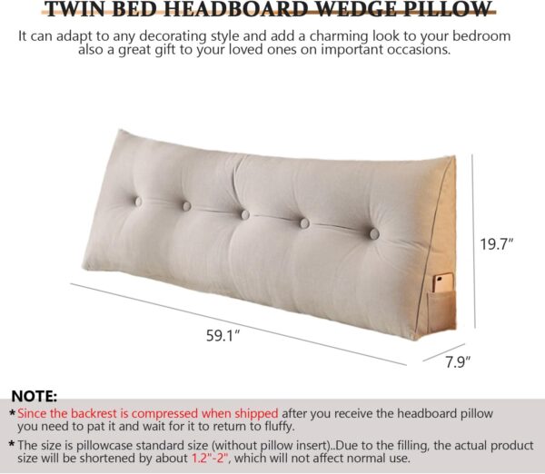 Wedge Headboard Pillow. Solid Color Rest Reading Pillow Headboard. Twin Headboard Pillow with Pocket. Positioning Support. Bolster Triangular Pillow. Long Pillow for Headboard. Grey. 59