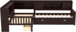 Twin Size L-Shaped Platform Bed Frame with Trundle. Solid Wood Daybed with Drawers & Open Shelves. Twin Corner Bed for Kids Boys Girls. No Box Spring Needed (Espresso)