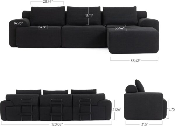 120 Sectional Couches for Living Room. Cloud Sectional Couch with L-Shape Chaise. Modern Modular Sofa Corduroy Couch. Deep Seat Comfort. No Assembly Required (Black)