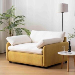 50 Oversized Chaise Lounge Chair Indoor. Oversized Chenille Single Sofa Chair. Wide and Deep Seat Accent Chair. Modern Upholstered Comfy Armchair with Two Throw Pillows (Yellow + Cream)