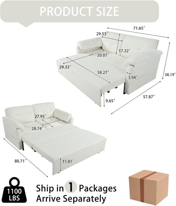 Convertible Pull-Out Queen Sleeper Sofa, 3-in-1 Sofa Bed with Side Storage & 8 Silent Casters