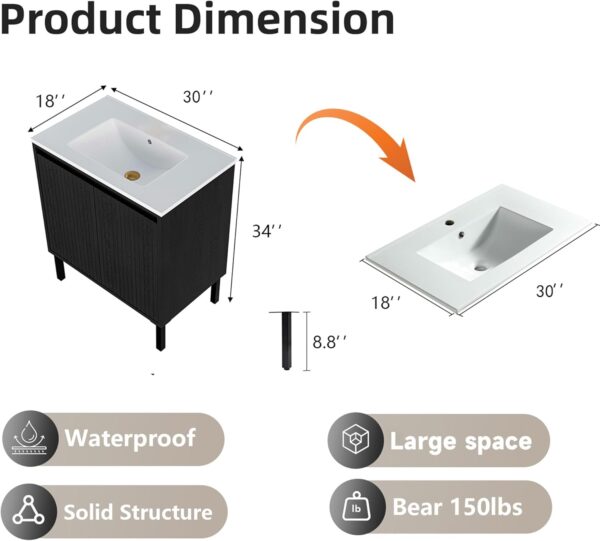 30″ Fluted Bathroom Vanity with Ceramic Sink. Modern Bathroom Vanity Cabinet with 2 Doors. Freestanding Mid-Century Restroom Sink Cabinet Combo (Black. 30'')