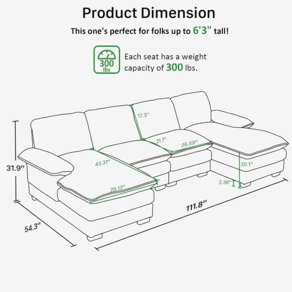 U-Shaped Modular Sectional Cloud Couch. 4 Seater Sofa Couch. Modern Furniture Comfy Chenille Sofa for Living Room. 111.8in Extra Deep Couch (Black)