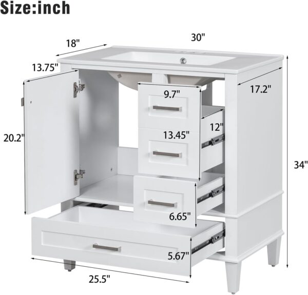 30 Bathroom Vanity with Sink and 4 Drawers & 1 Door Cabinet. Easy Assembly Modern Bathroom Vanities Storage Cabinet for Guest Baths Master Suites or Rental Units (White. 30 Inches)