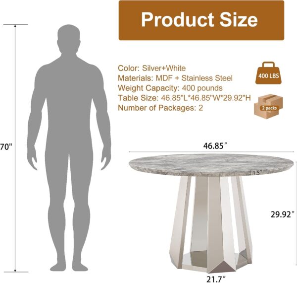 Round Dining Table for 2-4. 47 Modern Circle Wooden Faux Marble Kitchen Table. Marble Dining Room Table with Metal Base for Dining Room. Kitchen. Living Room (Style 3: Gray & Silver)