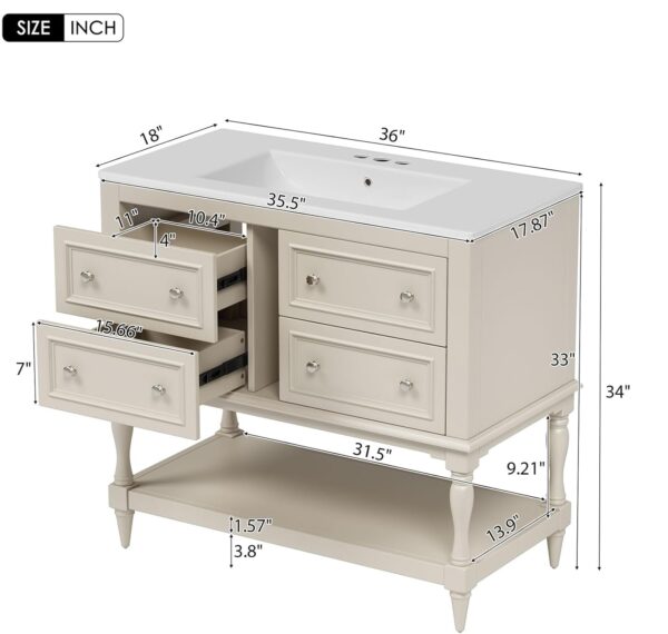 36 Bathroom Vanity with Sink. Bathroom Vanities. FreeStanding Vanity Set with 4 Drawers. Solid Wood Frame Bathroom Cabinet (Beige)