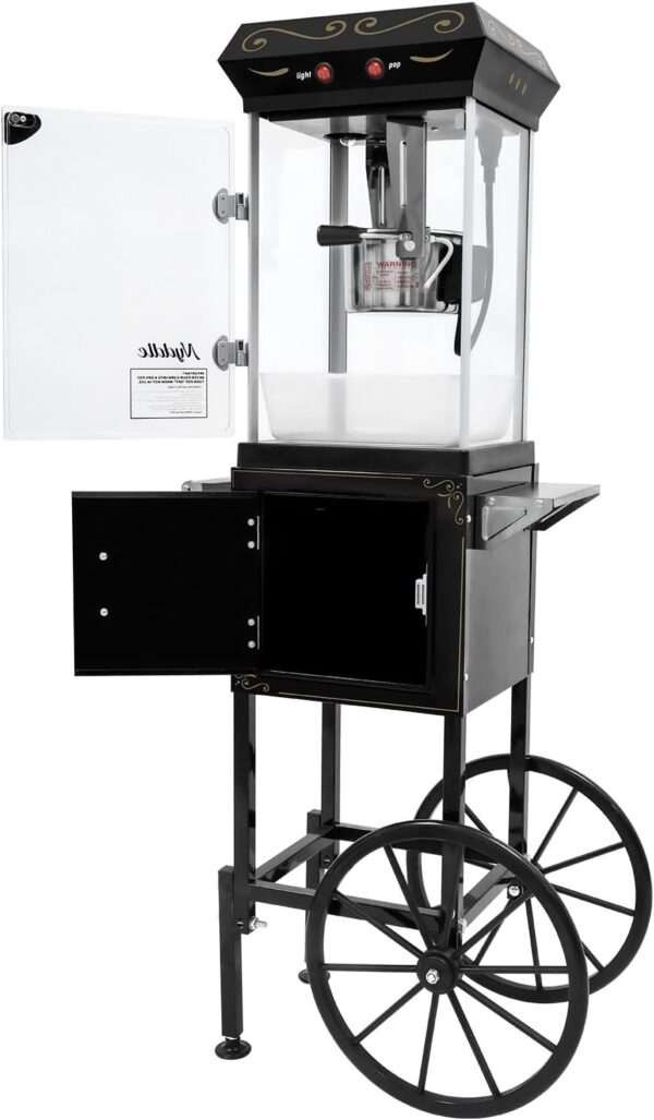 Popcorn Machine Cart with 6 Oz Kettle Makes Up to 32 Cups and Warming Light. Popcorn Maker Machine. Movie Theater Pop Corn Machine with 2-Switch Control & Tempered Glass Doors. Easy to Clean (Black)