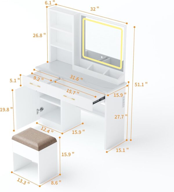 32'' Makeup Vanity Desk with Mirror and Lights. Large LED Mirror with 3 Color Modes. Makeup Vanity with Power Outlet & USB Ports. 6 Open Shelves & 2 Drawers for Women & Girls
