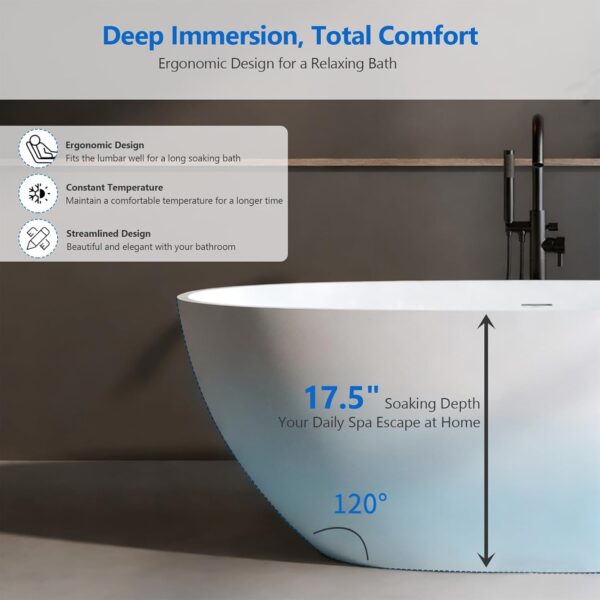 71″ Freestanding Solid Surface Bathtub. Oval Thick Edge Matte White Stone Resin Stand Alone Soaking Tub. Ergonomic Free standing Flatbottom Tubs with Overflow. Pop-up Drain (Matte White. 71)