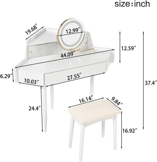 Corner Vanity Desk with Lighted Mirror. 44 Modern Fluted Makeup Vanity Desk with Adjustable Folding Mirror. Stool. Bedroom Dressing Table for Women. Small Place (White)
