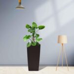 2 Pack Tall Planters for Indoor or Outdoor Plants. Self-Watering Pots with Drain Holes. 22-Inch High Faux Rattan Design Modern Tall Square Planter Box for Porch. Patio. Backyard (Pack of 2. Brown)