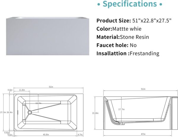 51'' Solid Surface Freestanding Bathtub. Stone Resin Stand Alone Soaking Tub. Modern Rectangular Freestanding Tubs with Overflow. Pop-up Drain. Thick Edge. Matte White