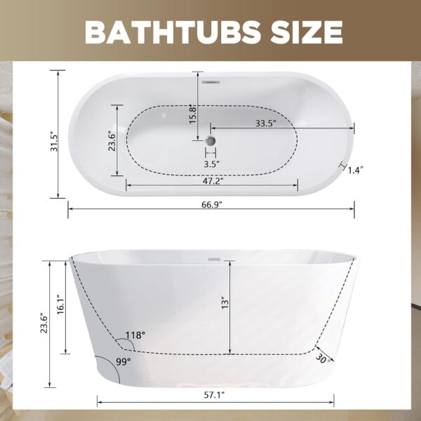 Acrylic Freestanding Bathtub. Stand Alone Soaking Tub. Extra Deep Cold Plunge Tub. Modern Free Standing Bath Tubs for Bathrooms (Gloss White. 67'')
