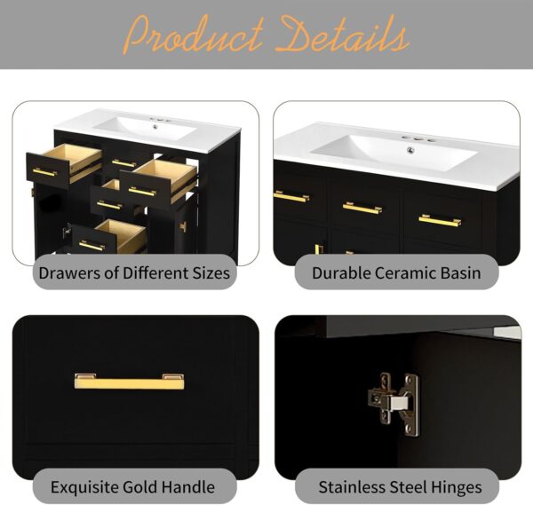 36'' Bathroom Vanity with Ceramic Sink Combo Set. Modern Freestanding Single Bathroom Cabinet with 4 Drawers & 2 Cabinets. Storage Cabinet. Solid Wood Frame Vanity Set (Black)