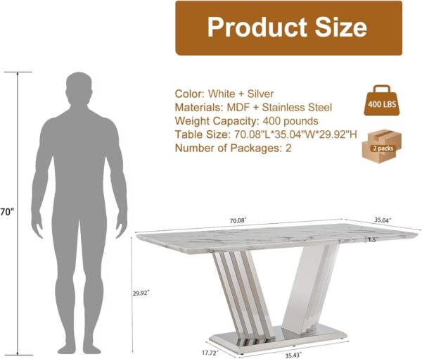 70 Marble Dining Table for 6-8 People. Modern Rectangle Faux Marble Kitchen Table with Mirrored Finish Stainless Steel Base. Dining Room Table for Home. Kitchen. Apartment (Style 2: White & Silver)