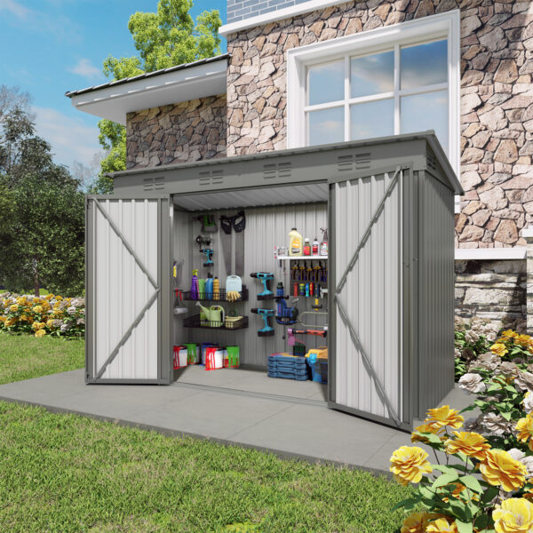 4 x 9 FT Outdoor Storage Shed, Metal Garden Shed with Sloping Roof