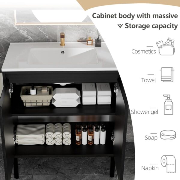 30″ Fluted Bathroom Vanity with Ceramic Sink. Modern Bathroom Vanity Cabinet with 2 Doors. Freestanding Mid-Century Restroom Sink Cabinet Combo (Black. 30'')