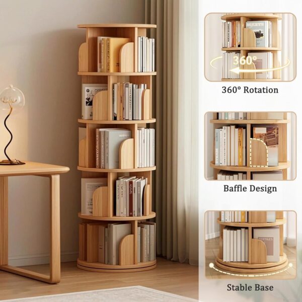 Rotating Bookshelf. Round Revolving Bookcase. 360° Spinning Book Shelf Tower. Narrow Organizer for Bedroom. Living Room. Small Space. Corner. Office. Kids & Adults (Natural. 5 Tier)