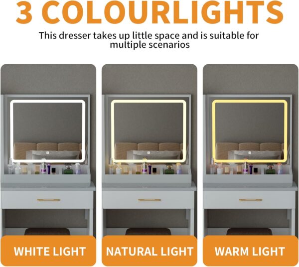 32'' Makeup Vanity Desk with Mirror and Lights. Large LED Mirror with 3 Color Modes. Makeup Vanity with Power Outlet & USB Ports. 6 Open Shelves & 2 Drawers for Women & Girls