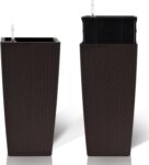 2 Pack Tall Planters for Indoor or Outdoor Plants. Self-Watering Pots with Drain Holes. 22-Inch High Faux Rattan Design Modern Tall Square Planter Box for Porch. Patio. Backyard (Pack of 2. Brown)