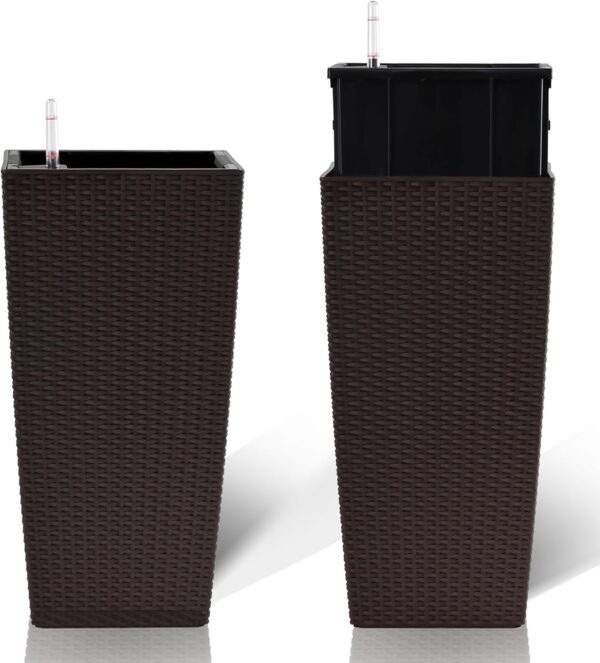 2 Pack Tall Planters for Indoor or Outdoor Plants. Self-Watering Pots with Drain Holes. 22-Inch High Faux Rattan Design Modern Tall Square Planter Box for Porch. Patio. Backyard (Pack of 2. Brown)