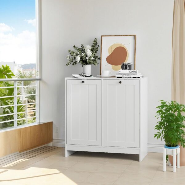 Double Tilt-Out Laundry Hamper Cabinet. Modern Hidden Laundry Hamper with 2 Removable Baskets. Free-Standing Bathroom Storage Cabinet. Anti-tiltdevice. (26.8 Tall White)