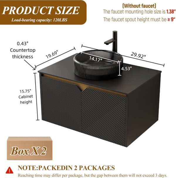 30'' Bathroom Vanity with Sink Combo. Floating Bathroom Vanity with Ultra-Thin Ceramic Basin and Marble Top. Modern Wall Mount Storage Cabinet with Ceramic Integrated Sink (Black-3. 30 Inches)