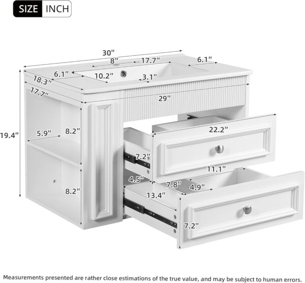 30 Inches Bathroom Vanity with Sink MDF. Wall Mounted Floating Cabinets w/Double Drawers. 3 Holes Single Ceramic Sink Combo Set Modern Storage Cabinet (White)
