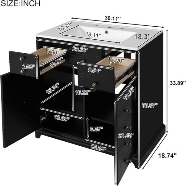 30'' Bathroom Vanity with Ceramic Sink Combo. Solid Wood Frame Bathroom Storage Cabinet. Freestanding Vanity Set with 2 Drawers & Soft Closing Doors (30'')