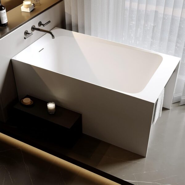 51'' Solid Surface Freestanding Bathtub. Stone Resin Stand Alone Soaking Tub. Modern Rectangular Freestanding Tubs with Overflow. Pop-up Drain. Thick Edge. Matte White