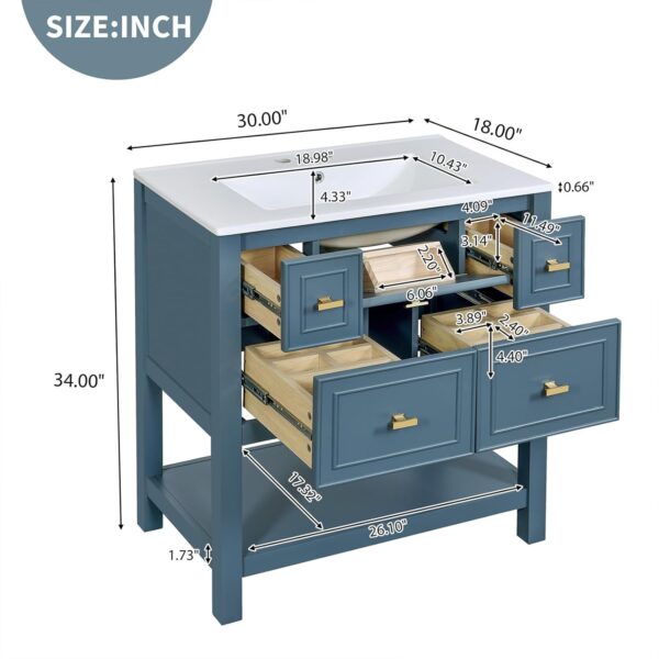 30 Bathroom Vanity with Sink Set. Vintage Bathroom Cabinet Vanity with Ceramic Basin. Extra Large Storage 5 Drawers. Solid Wood Frame Storage Cabinet (Blue)