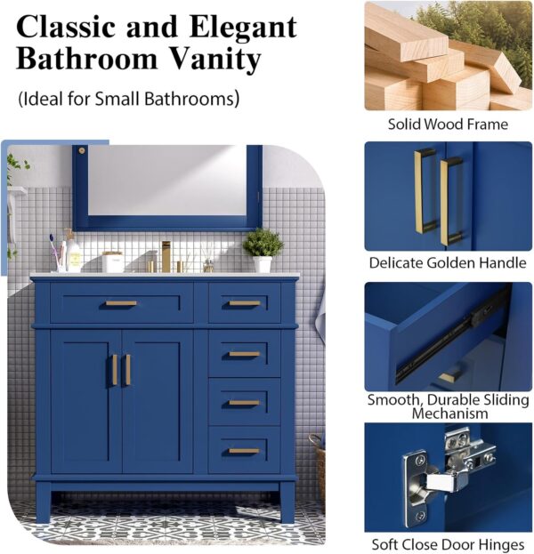 36 Bathroom Vanity with Sink. Modern Bathroom Cabinet. Single Basin Vanity Set with Storage Cabinet Doors Drawer for Guest Baths Master Suites or Rental Units.Small Bathrooms (Blue)