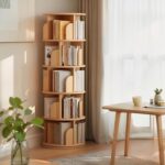 Rotating Bookshelf. Round Revolving Bookcase. 360° Spinning Book Shelf Tower. Narrow Organizer for Bedroom. Living Room. Small Space. Corner. Office. Kids & Adults (Natural. 5 Tier)