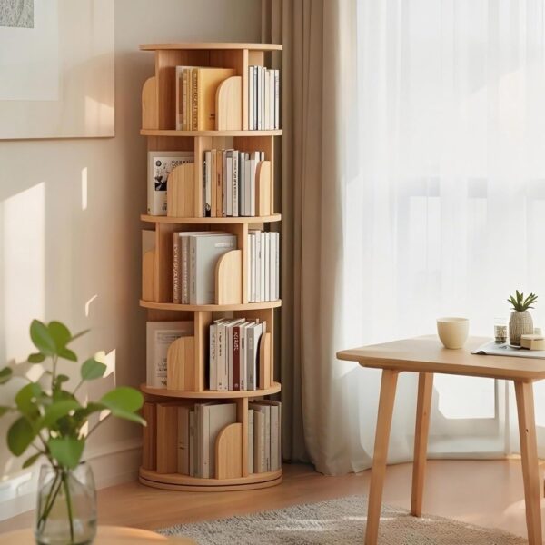 Rotating Bookshelf. Round Revolving Bookcase. 360° Spinning Book Shelf Tower. Narrow Organizer for Bedroom. Living Room. Small Space. Corner. Office. Kids & Adults (Natural. 5 Tier)
