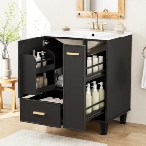 24 Bathroom Vanity with Sink. Bathroom Cabinet with Door Shelf. Deep Drawer. 2-Tier Pull-Out Basket. Solid Wood Frame Bathroom Vanities (Black)
