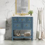 30 Bathroom Vanity with Sink Set. Vintage Bathroom Cabinet Vanity with Ceramic Basin. Extra Large Storage 5 Drawers. Solid Wood Frame Storage Cabinet (Blue)
