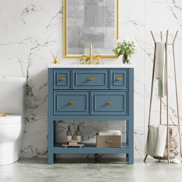 30 Bathroom Vanity with Sink Set. Vintage Bathroom Cabinet Vanity with Ceramic Basin. Extra Large Storage 5 Drawers. Solid Wood Frame Storage Cabinet (Blue)