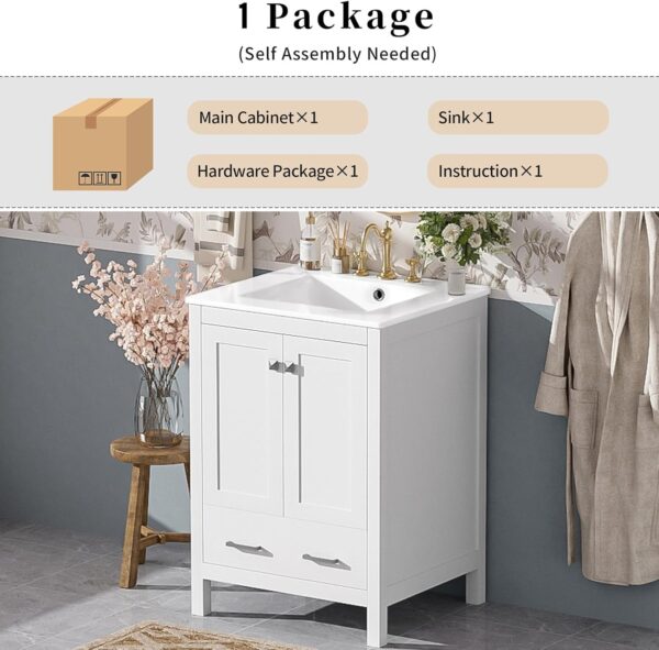 24 Bathroom Vanity with Sink Combo Set. Solid Wood Frame Bathroom Storage Cabinet with 2 Drawers and 1 Drawer. Double-layer Door Shelf. Soft Closing Cabinet Door with Organizer. White