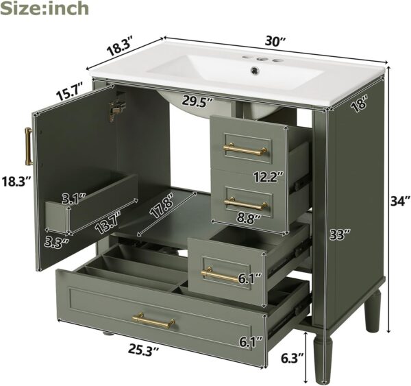 Bathroom Vanity. 30 Bathroom Vanity with Sink. Modern Storage Cabinet with 3 Drawers & 1 Door. Freestanding Bathroom Vanities. Solid Wood Frame for Small Space 30'' x 18'' x 34'' (Olive Green)
