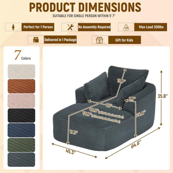 64L Oversized Chaise Lounge Chair Indoor Boneless Couch Chair with 3 Pillows