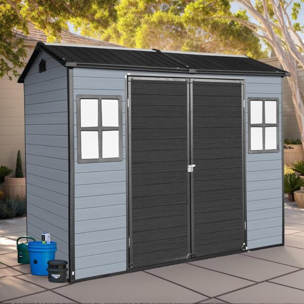 8x4FT Outdoor Resin Garden Shed with Floor and 2 Windows. Waterproof Plastic Garden Shed. Large Storage Space. Lockable Doors & Windows. Plastic Tool Shed. 14mm Thick PP Board