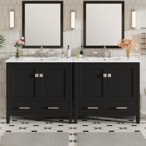 72 Bathroom Vanity with Ceramic Sink. Soft-Close Doors. Double Storage Shelves & Divided Drawer. Modern Bathroom Cabinet with Ample Storage (Black)