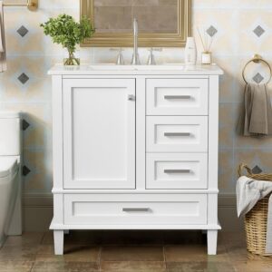 30 Bathroom Vanity with Sink and 4 Drawers & 1 Door Cabinet. Easy Assembly Modern Bathroom Vanities Storage Cabinet for Guest Baths Master Suites or Rental Units (White. 30 Inches)