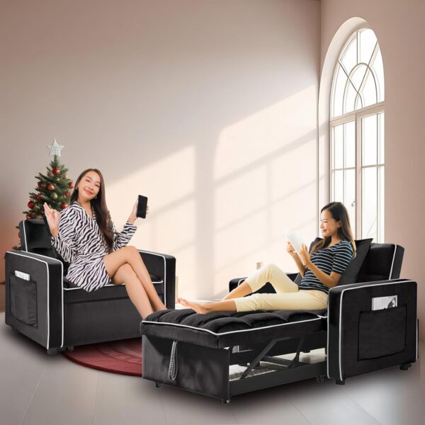 35 Convertible Chair Bed. Sleeper Chair. 3 in 1 Modern Velvet Pull Out Sofa Chair. Small Tufted Single Sleeper Chair with Adjustable Backrest/Pillow for Living Room. Small Spaces (Black)