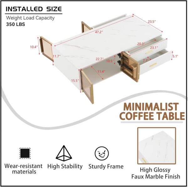 Modern Coffee Tables for Living Room. High Gloss LED Coffee Table. Storage Coffee Table. Wood Center Table with 4 Sliding Drawers and 2 Glass Door Storag. for Home Office and Restaurants (White)